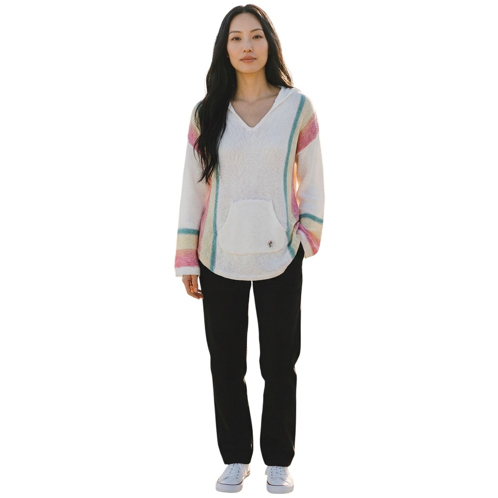 Buc-ee's Womens Knit Hoodie White Multicolor Striped V-Neck Pullover‎ Medium